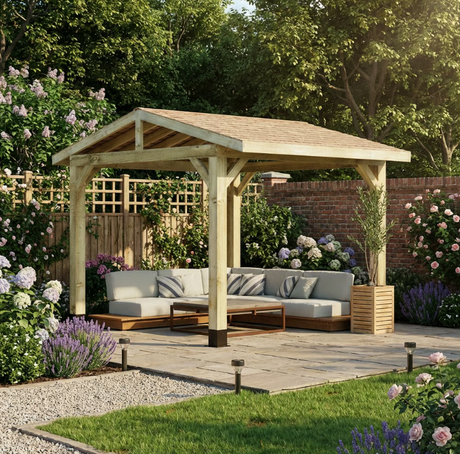 Wooden Apex Gazebo with Cedar Shingle Roof – No Overhang Design