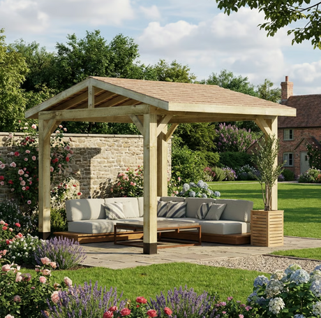 Wooden Apex Gazebo with Cedar Shingle Roof – No Overhang Design