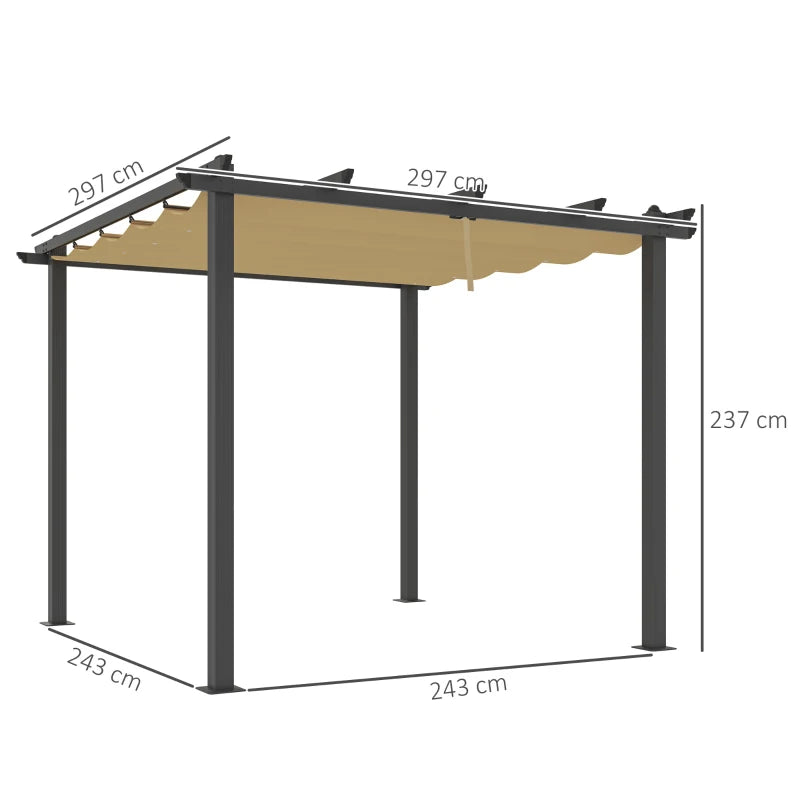 3m x 3m Aluminium Pergola – Khaki Retractable Canopy Roof, Outdoor Patio Shade Shel