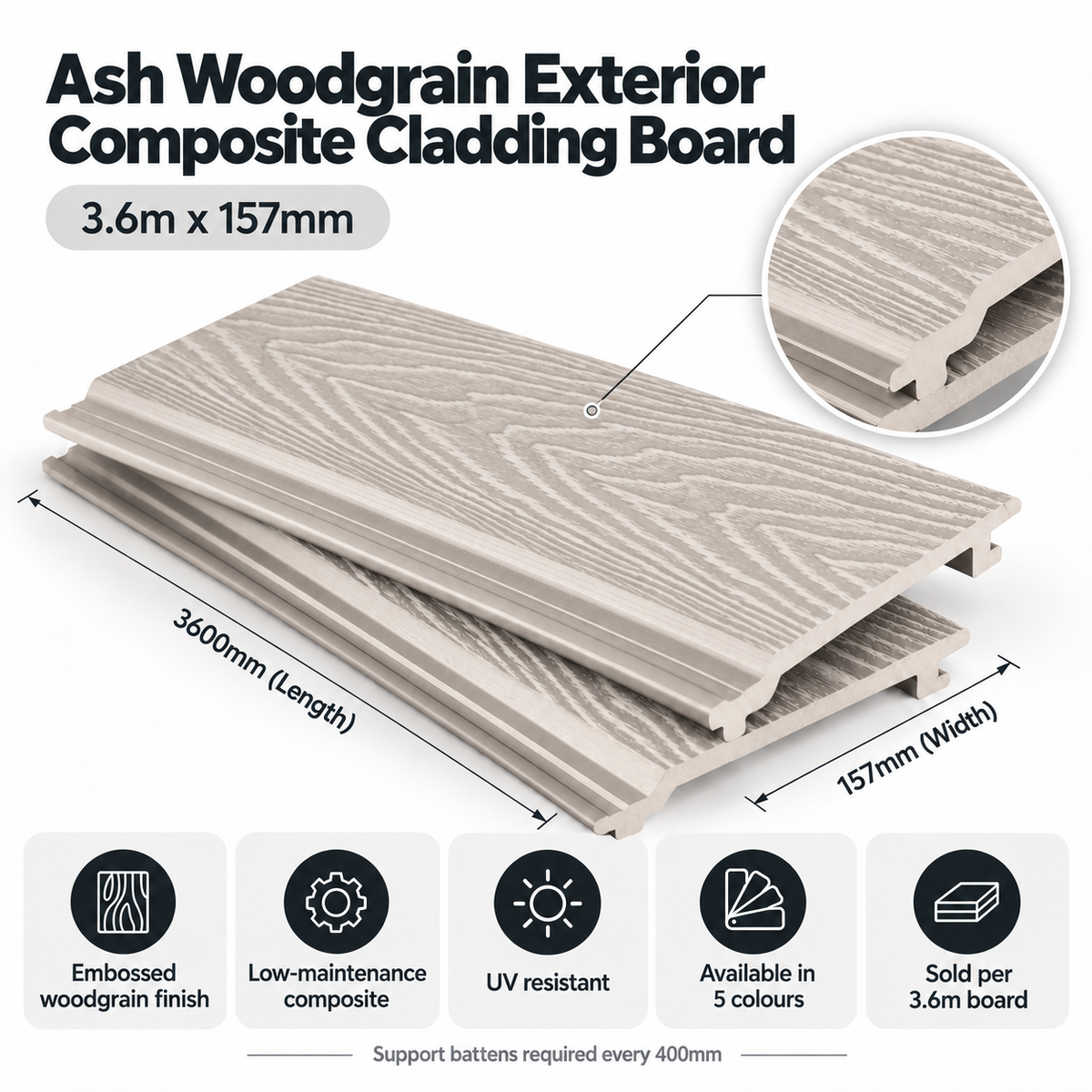 Ash Woodgrain Composite Cladding Board – 3.6m x 157mm Exterior Wall Cladding