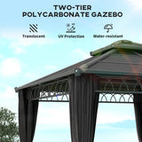 3 x 3 m Dark Grey Outdoor Polycarbonate Gazebo - Double Roof Hard Top with Galvanised Steel Frame, Nettings & Curtains for Garden, Lawn, Patio and Deck