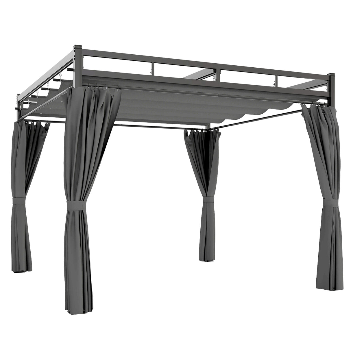 3m x 3m Pergola with Retractable Roof Canopy – UPF30+ Garden Gazebo with Curtains, Heavy-Duty Metal Frame Outdoor Sun Shade in Dark Grey