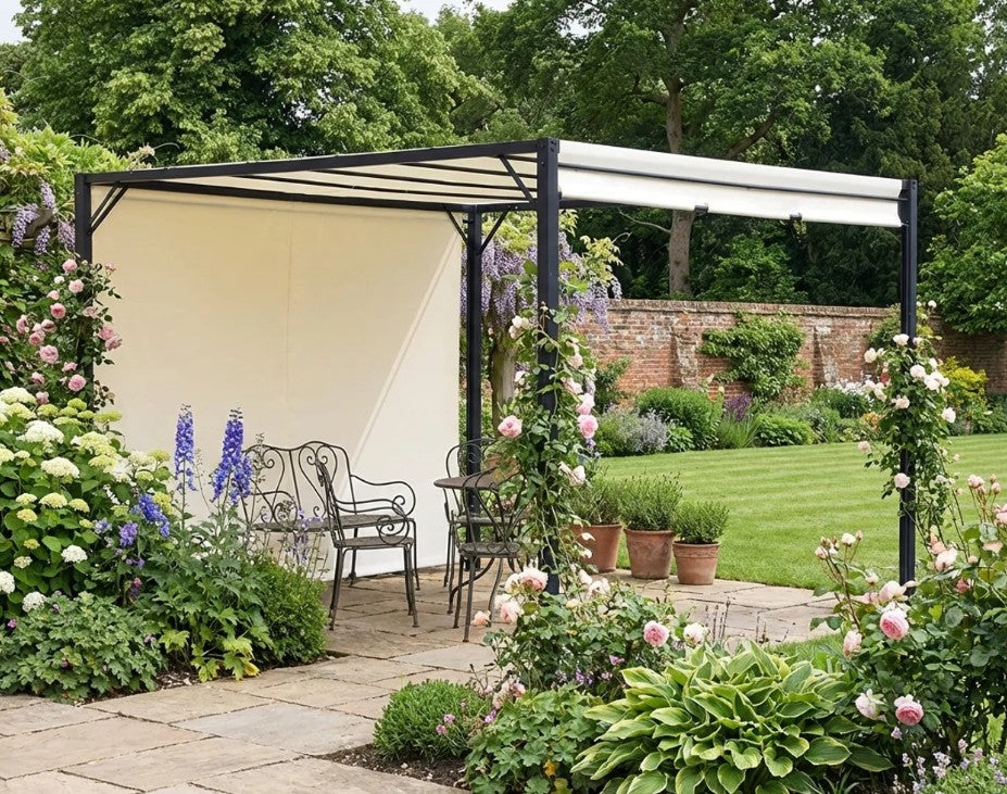 3m x 3m Metal Pergola – Cream Frame with Beige Canopy Roof