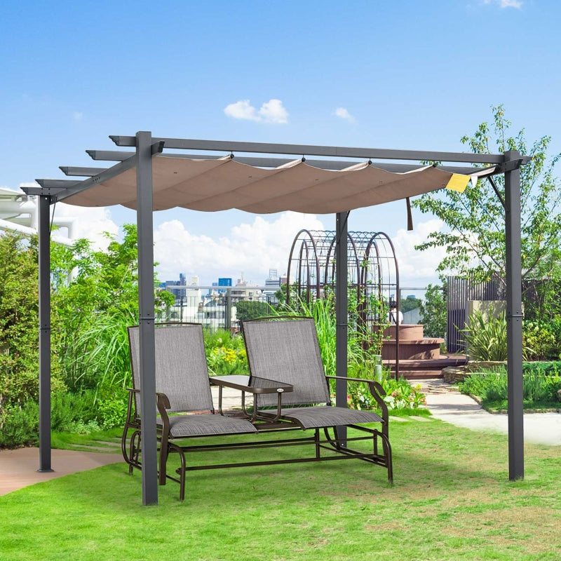 3m x 3m Aluminium Pergola – Brown Retractable Canopy Roof with Pulley System, UV & Water Resistant Garden Shade Shelter with Drainage Grommets