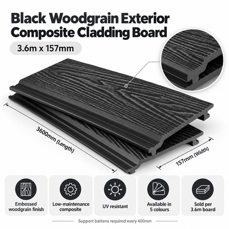 Black Woodgrain Exterior Composite Cladding Board – 3.6m x 157mm