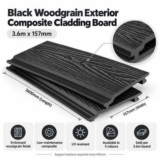 Black Woodgrain Exterior Composite Cladding Board – 3.6m x 157mm