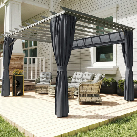 3.6x3m Aluminium Garden Pergola Gazebo with Retractable Roof Canopy & Curtains – Modern Outdoor Sun Shade Shelter, Weather-Resistant Patio Cover, Dark Grey