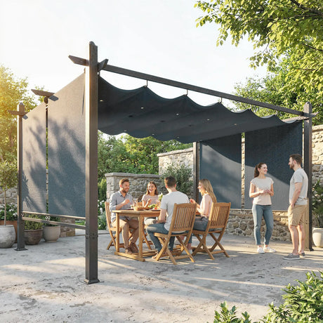 4m x 3m Garden Pergola with Retractable Roof Canopy & Roll-Up Side Panels – Modern Outdoor Gazebo Shelter, Adjustable Sun Shade Patio Cover, Dark Grey