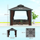 3x3m Brown Hardtop Gazebo Canopy with 7mm Double Polycarbonate Roof, Permanent Garden Pavilion with Mosquito Netting and Curtains for Patio and Deck
