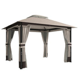 3 x 3.6m Ventilated Double Roof Garden Gazebo with Curtains & Mesh Netting, Heavy Duty Metal Frame Outdoor Patio Pavilion, Khaki