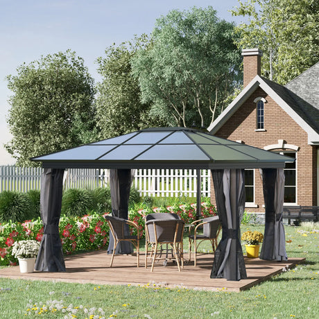 3.6m x 4.2m Aluminium Hardtop Gazebo with Polycarbonate Roof - Permanent Garden Pavilion with Curtains & Netting