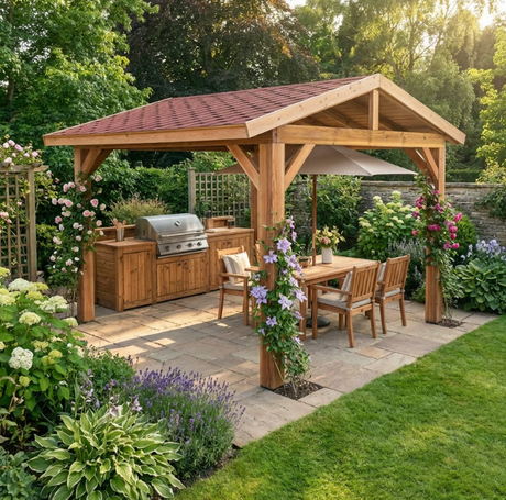 Planed Cedar Pergola with Katepal Red Shingle Roof – No Overhang Design