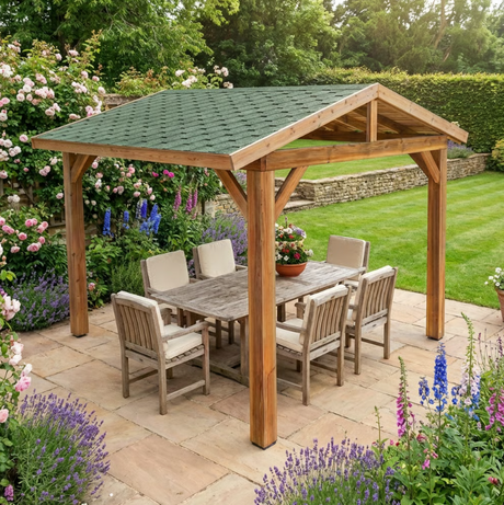 Rough Sawn Cedar Pergola with Katepal Green Shingle Roof – No Overhang Design