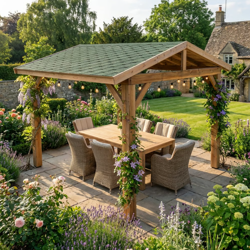 Rough Sawn Cedar Pergola with Katepal Green Shingle Roof – No Overhang Design