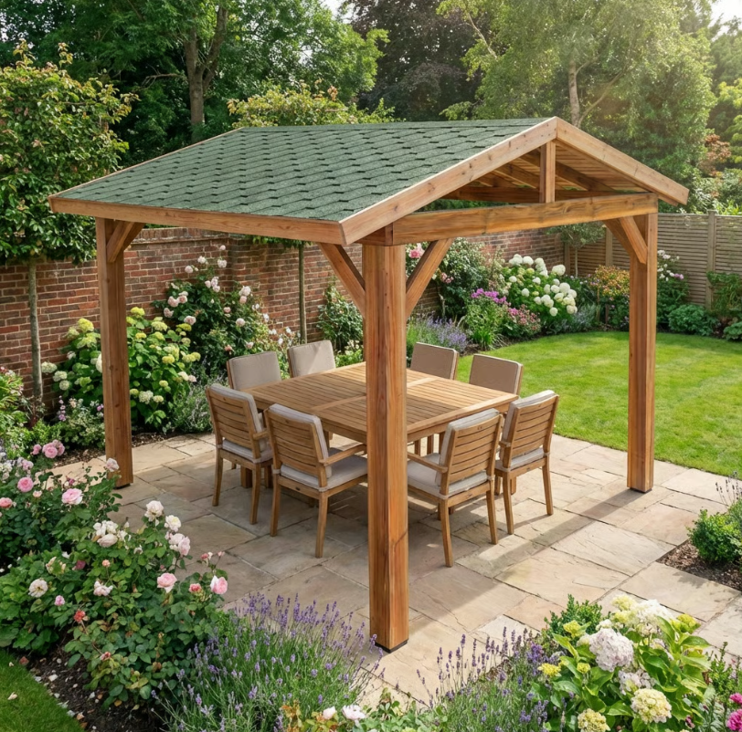 Rough Sawn Cedar Pergola with Katepal Green Shingle Roof – No Overhang Design