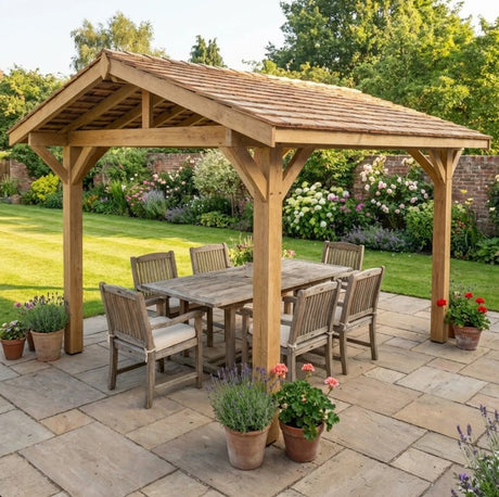 Oak Wooden Gazebo - Cedar Shingle Roof - Apex Design - With Overhang