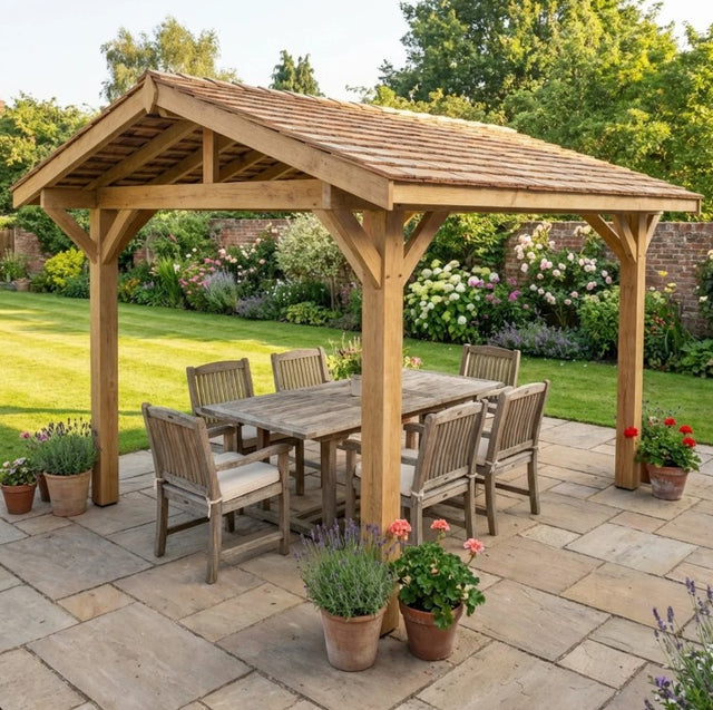 Oak Wooden Gazebo - Cedar Shingle Roof - Apex Design - With Overhang