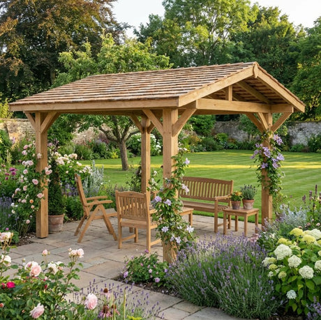 Oak Wooden Gazebo - Cedar Shingle Roof - Apex Design - With Overhang