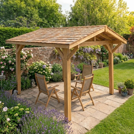 Oak Wooden Gazebo - Cedar Shingle Roof - Apex Design - With Overhang