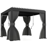 3m x 3m Louvered Pergola with Adjustable Metal Roof – Aluminium Patio Gazebo with Curtains & Netting, Modern Outdoor Garden Shelter in Dark Grey