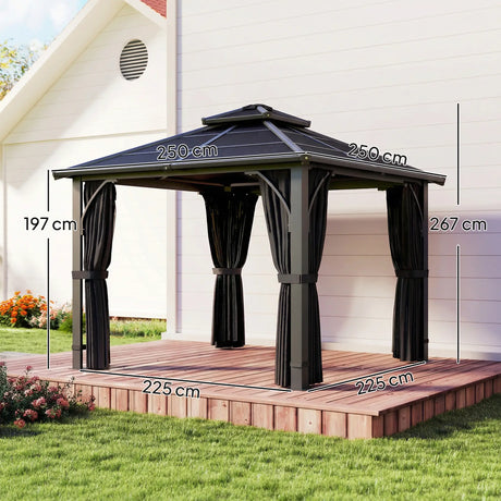 2.5m x 2.5m Hardtop Gazebo with 7mm Polycarbonate Roof – Permanent Garden Pavilion with Curtains & Mosquito Netting, Weatherproof Outdoor Canopy in Dark Grey