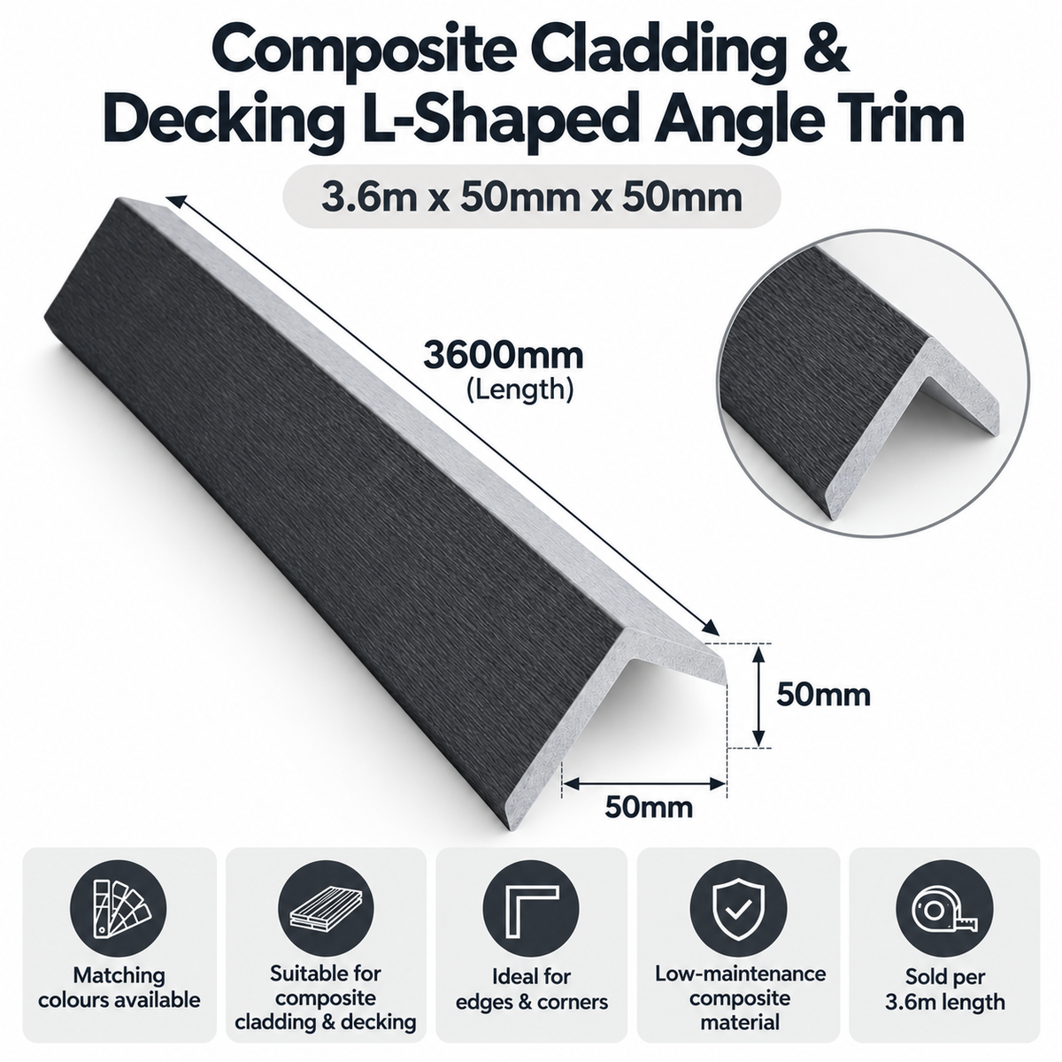 Composite Cladding & Decking L-Shaped Angle Trim – 3.6m x 50mm x 50mm