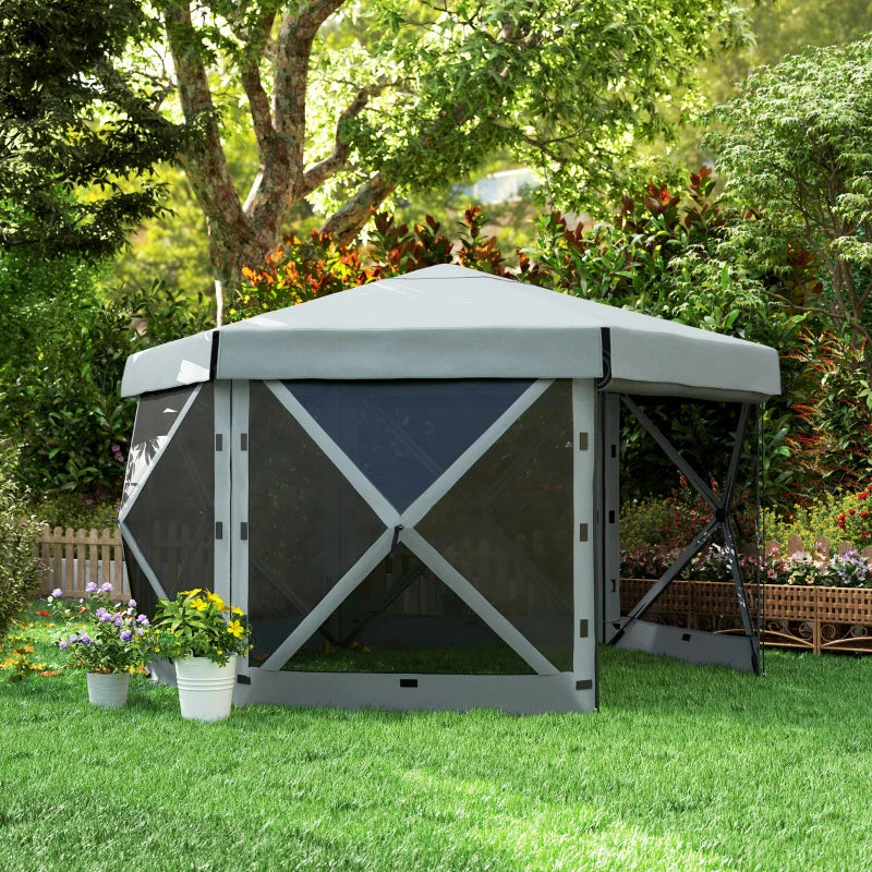3x3m Hexagon Pop Up Gazebo - Waterproof, UV Resistant Party Tent with Netting - Light Grey Instant Event Shelter with Carry Bag