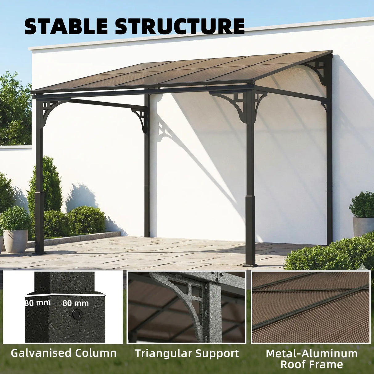 3m x 2.87m Lean-To Pergola with Polycarbonate Roof – Wall-Mounted Hardtop Garden Canopy, Durable Aluminium & Metal Frame Outdoor Patio Cover