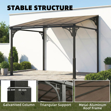 3m x 2.87m Lean-To Pergola with Polycarbonate Roof – Wall-Mounted Hardtop Garden Canopy, Durable Aluminium & Metal Frame Outdoor Patio Cover