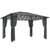 3m x 4m Hardtop Gazebo with 6 mm Polycarbonate Roof, Aluminium Permanent Garden Pavilion with Curtains, Dark Grey Outdoor Patio Canopy for Sun, Rain & Privacy