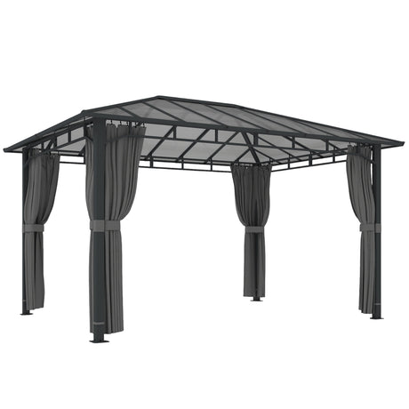 3m x 4m Hardtop Gazebo with 6 mm Polycarbonate Roof, Aluminium Permanent Garden Pavilion with Curtains, Dark Grey Outdoor Patio Canopy for Sun, Rain & Privacy