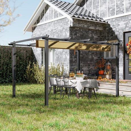 3m x 4m Aluminium Pergola – Khaki Retractable Canopy Roof, Outdoor Garden Shade Shelter