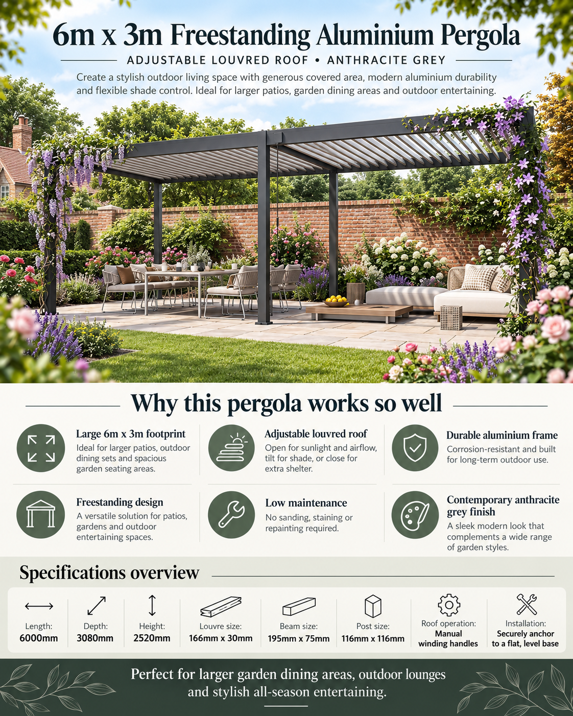 6m x 3m Freestanding Aluminium Garden Pergola with Adjustable Louvred Roof – Anthracite Grey