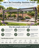6m x 3m Freestanding Aluminium Garden Pergola with Adjustable Louvred Roof – Anthracite Grey