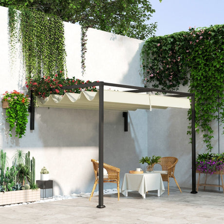 2m x 3m Lean-To Steel Pergola – Khaki Adjustable Canopy Roof, Wall Mounted Patio Shade Shelter