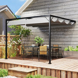 3m x 3m Lean-To Pergola – Grey Retractable Canopy Roof, Wall Mounted Outdoor Patio Shade Shelter