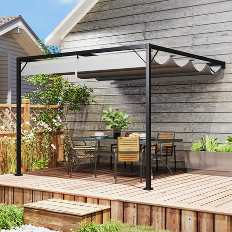 3m x 3m Lean-To Pergola – Grey Retractable Canopy Roof, Wall Mounted Outdoor Patio Shade Shelter