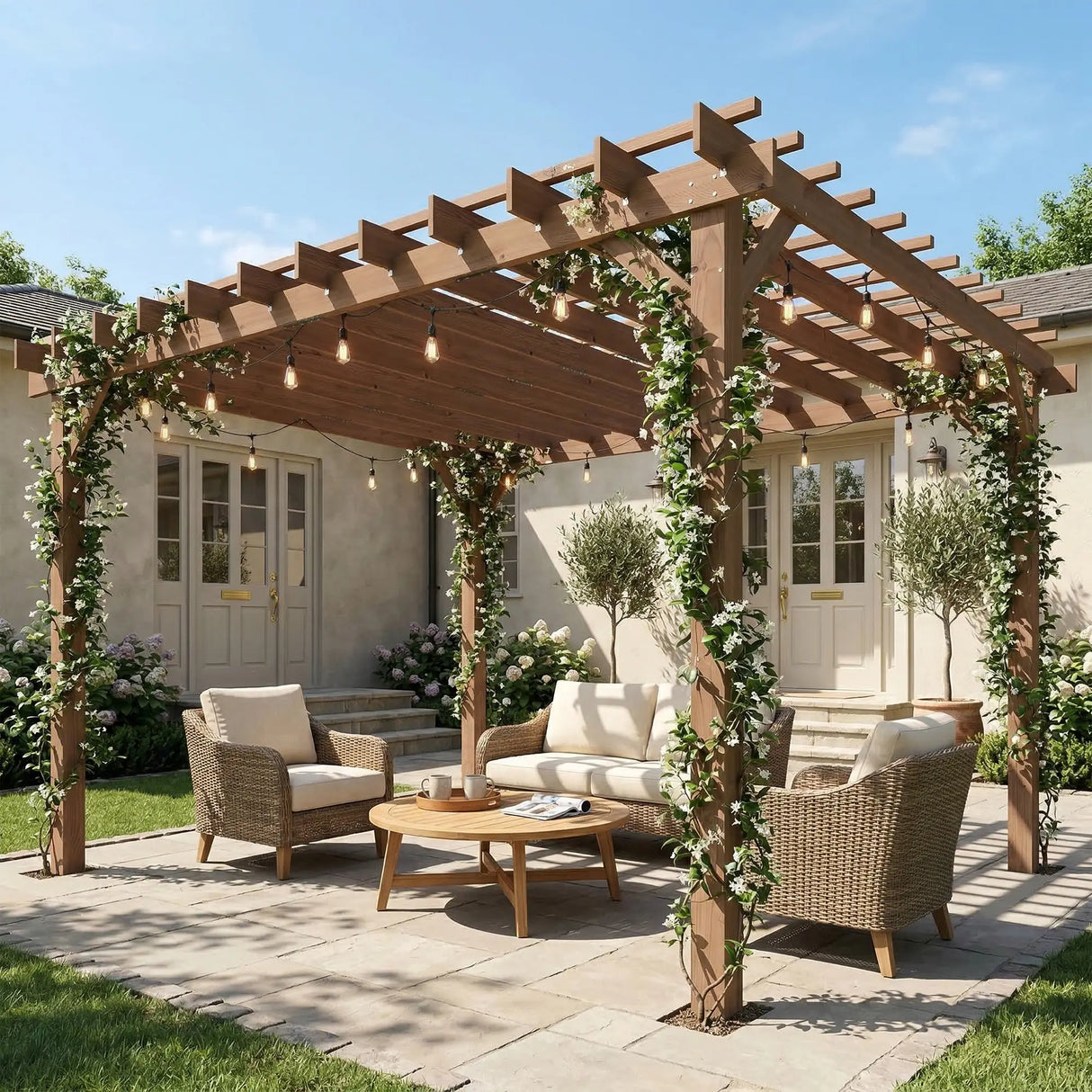 3.6m x 3m Wooden Pergola Kit - Maple Wood-Effect Garden Pergola with Grape Trellis Roof and Triangle Supports