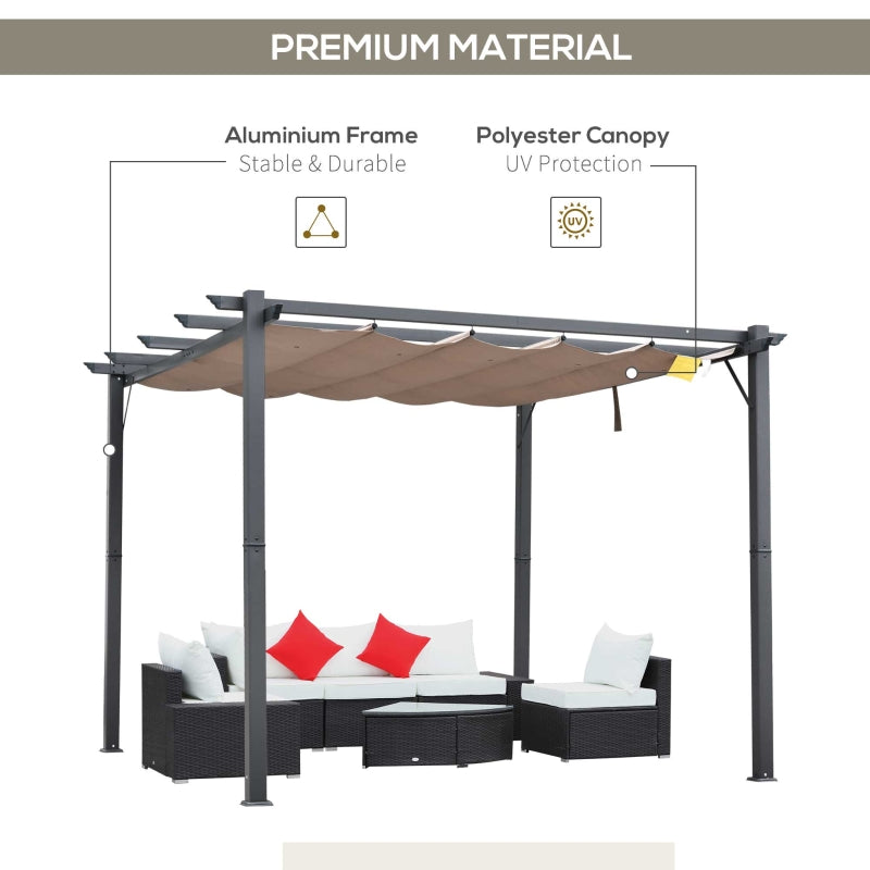 3m x 3m Aluminium Pergola – Brown Retractable Canopy Roof with Pulley System, UV & Water Resistant Garden Shade Shelter with Drainage Grommets