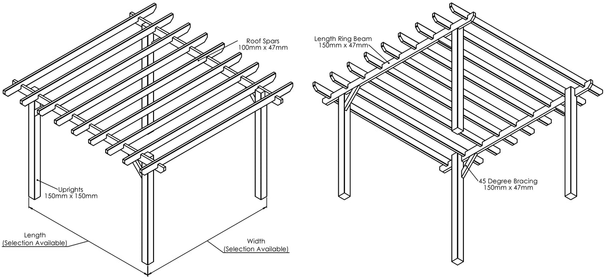 Larch Rough Sawn Pergola - Flat & Open Roof