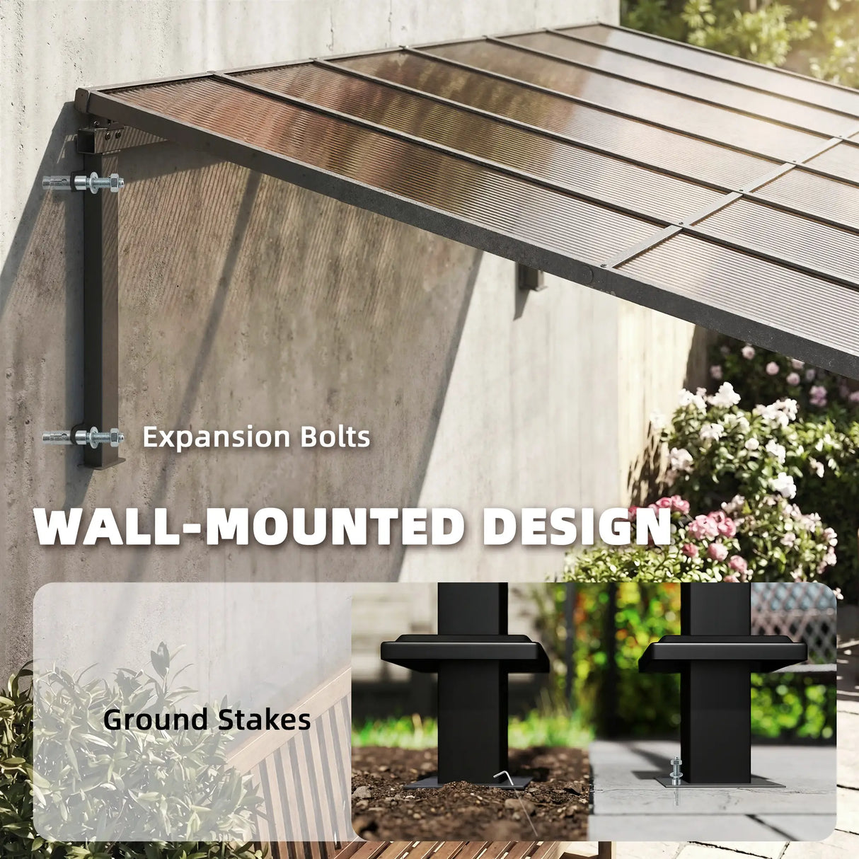 3.4m x 3m Wall-Mounted Lean-To Pergola with Polycarbonate Hardtop Roof – Heavy Duty Aluminium Garden Gazebo, Weather-Resistant Patio & BBQ Shelter, Modern Brown