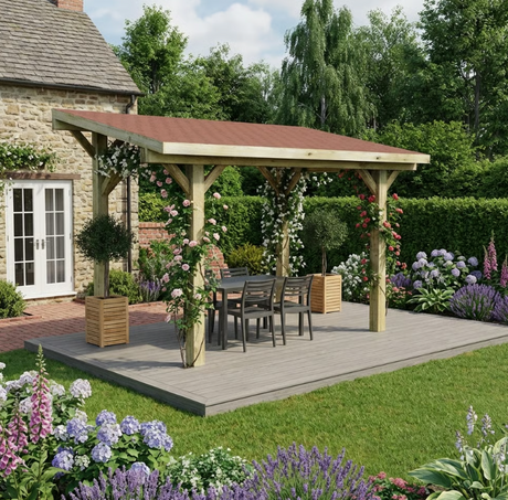 Wooden Lean-To Gazebo with Red Katepal Shingle Roof - Premium Wall-Mounted Garden Gazebo