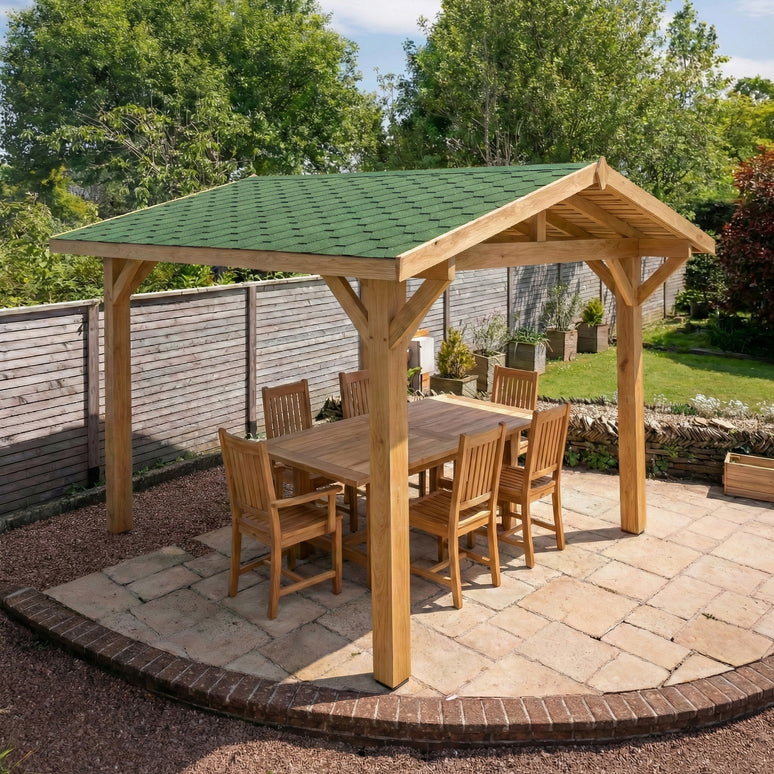 Oak Wooden Gazebo with Green Shingle Roof - Apex Design Garden Gazebo with Overhang