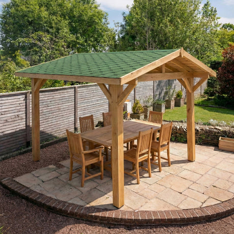Oak Wooden Gazebo with Green Shingle Roof - Apex Design Garden Gazebo with Overhang