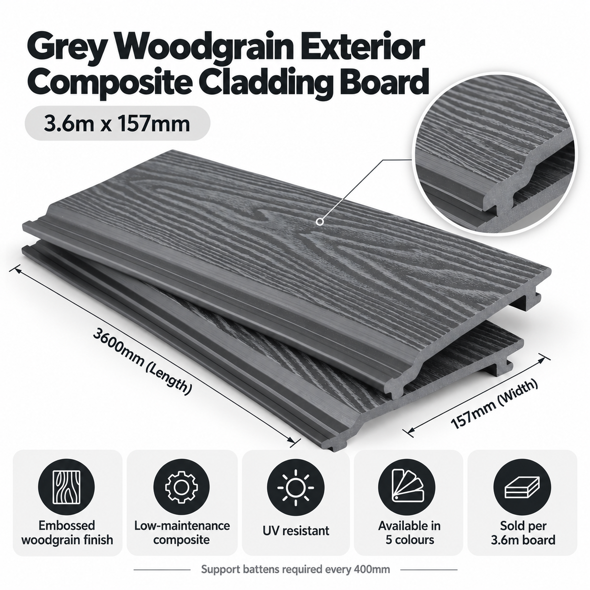 Grey Woodgrain Composite Wall Cladding Board – 3.6m x 157mm