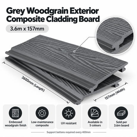 Grey Woodgrain Composite Wall Cladding Board – 3.6m x 157mm