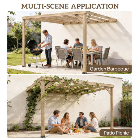 3x3m Lean-To Wooden Pergola Kit – Light Brown Decorative Garden Gazebo with Concrete Anchors & Stable Support Frame
