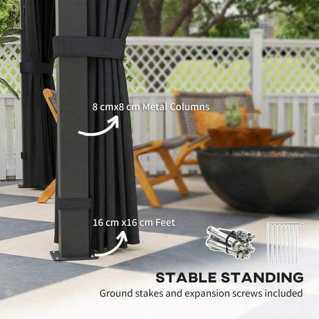 2.5m x 2.5m Hardtop Gazebo with 7mm Polycarbonate Roof – Permanent Garden Pavilion with Curtains & Mosquito Netting, Weatherproof Outdoor Canopy in Dark Grey