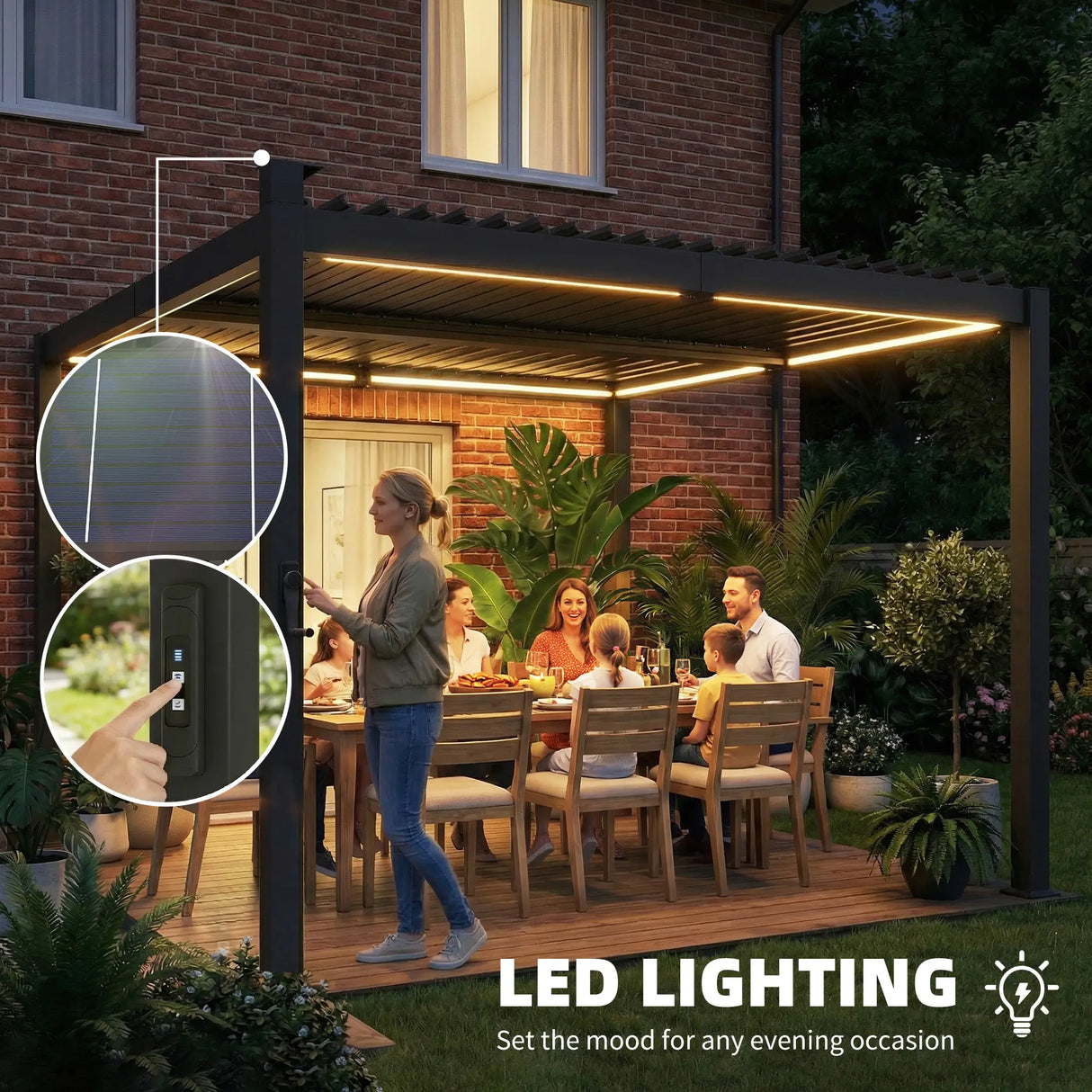 3x3m Black Louvered Pergola with Solar LED Lighting, Waterproof Metal Roof & Built-In Drainage System for Garden Patio