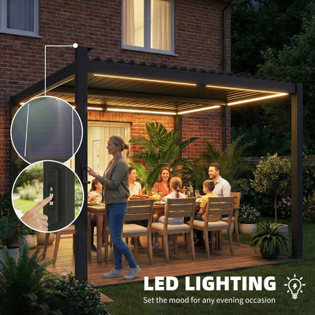 3x3m Black Louvered Pergola with Solar LED Lighting, Waterproof Metal Roof & Built-In Drainage System for Garden Patio